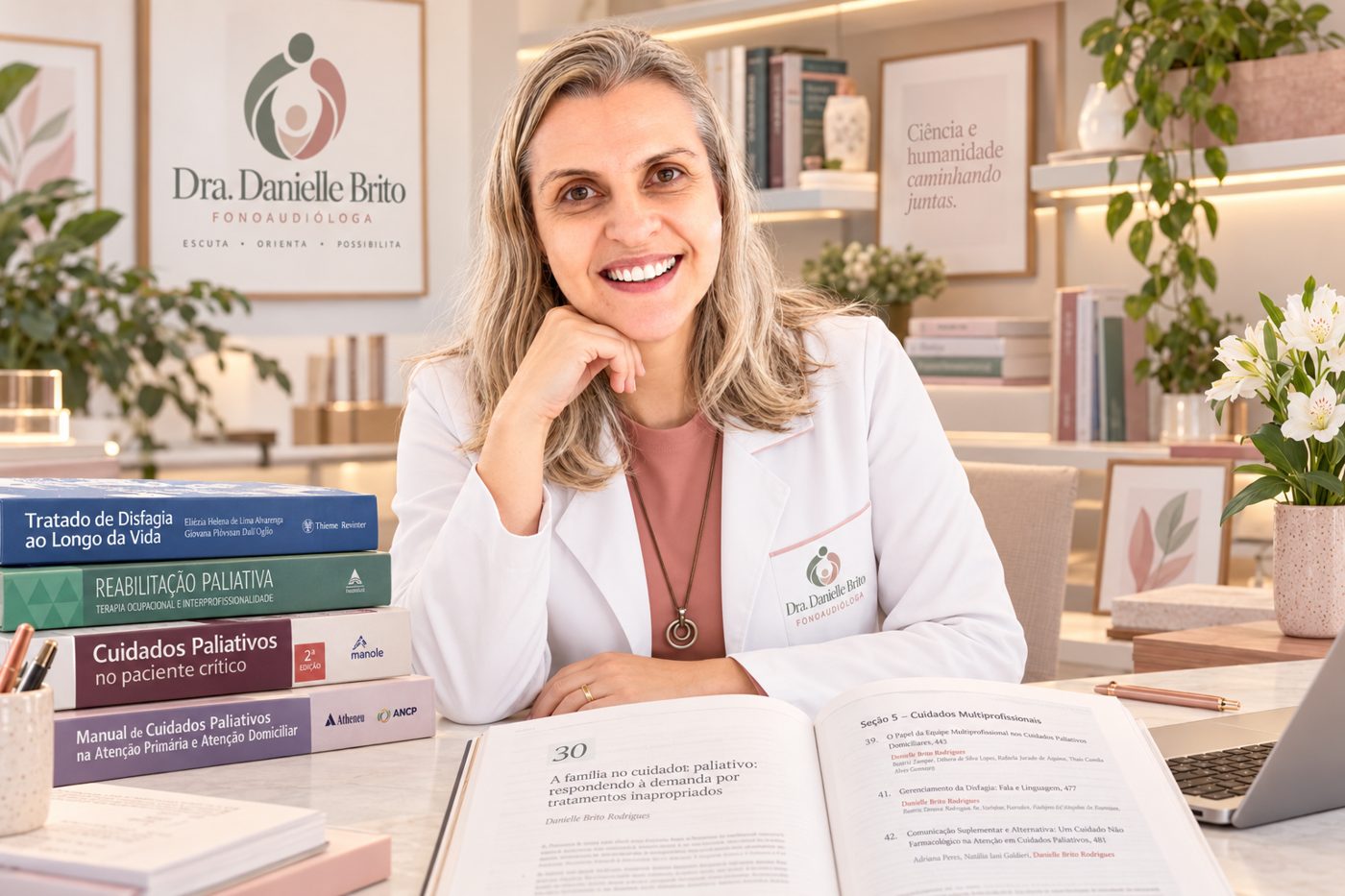 Dra. Danielle Brito à mesa com os livros de que é autora de capítulos