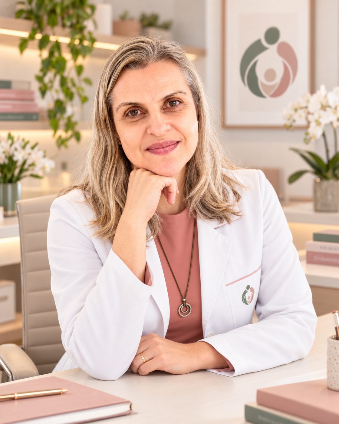 Dra. Danielle Brito à mesa, com expressão serena e a mão apoiada no queixo